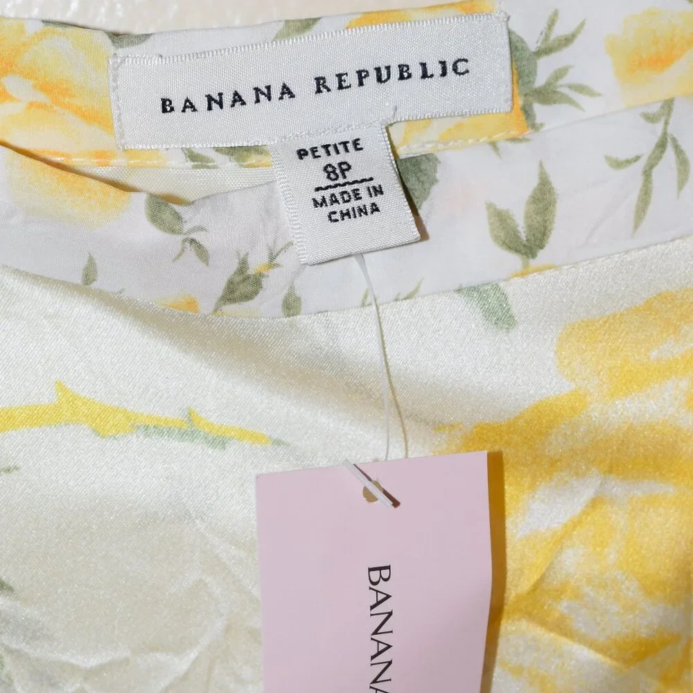 Banana Republic 100% Silk Yellow Floral Classic Skirt Church Wedding Career Wear